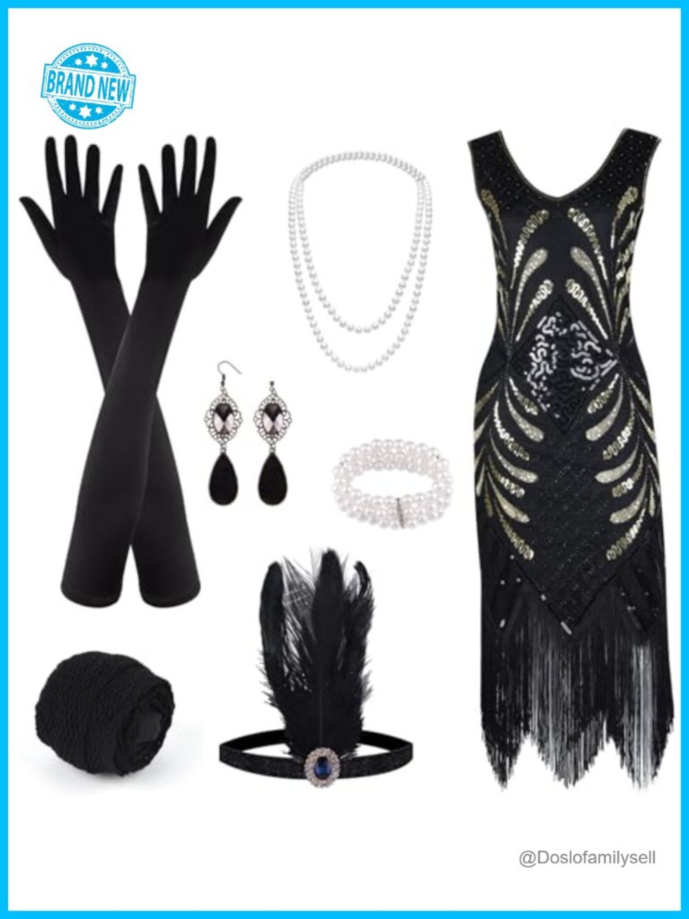 1920s V Neck Sequin Flapper Dress with Accessories Set Midi